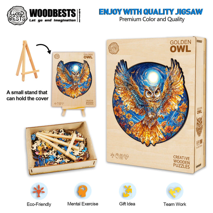 Golden Owl wooden jigsaw puzzle box and pieces, promoting mental exercise and creativity in a vibrant design.
