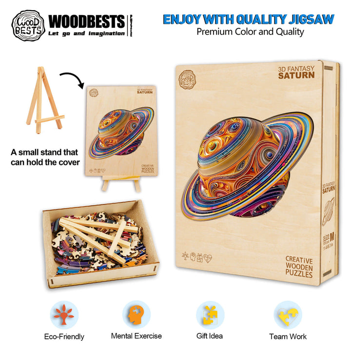 3D Fantasy Saturn Wooden Jigsaw Puzzle box with pieces, eco-friendly design, perfect for mental exercise and teamwork.