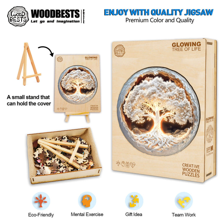 3D Glowing Tree of Life wooden jigsaw puzzle with premium quality pieces and eco-friendly materials displayed with stand.