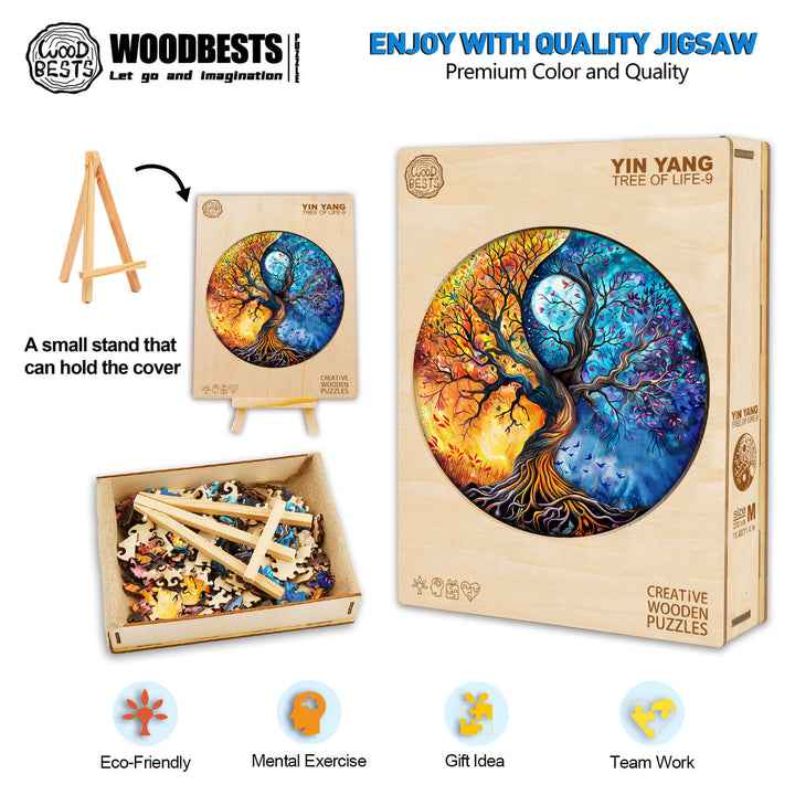 Yin Yang Tree of Life-9 wooden jigsaw puzzle, promotes focus, creativity, and teamwork through engaging mental exercise.