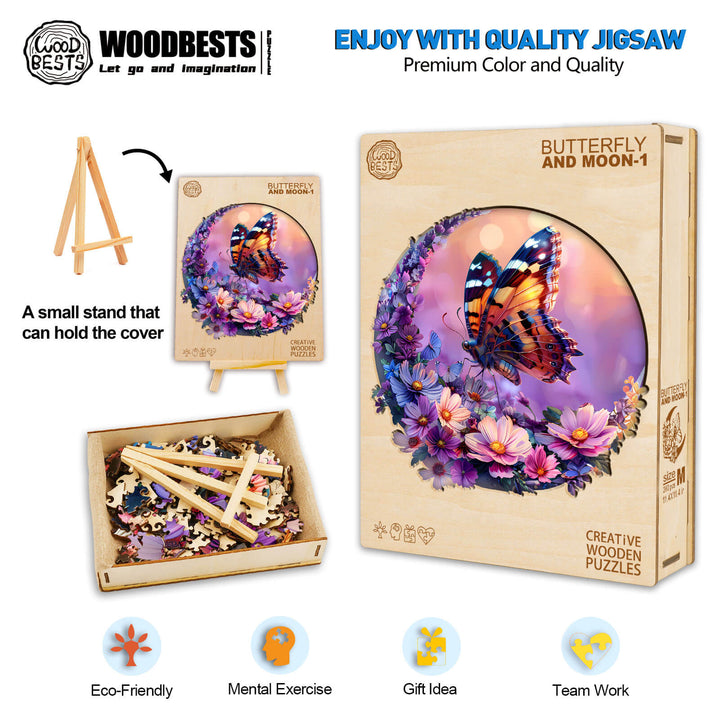 Butterfly and Moon-1 wooden jigsaw puzzle box with pieces, ideal for mental exercise and team work.