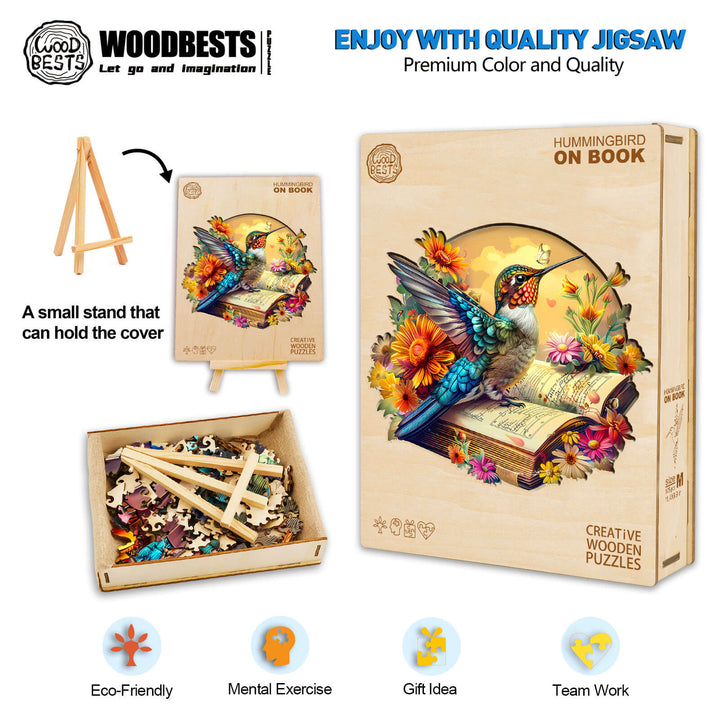 Hummingbird on book wooden jigsaw puzzle, perfect for mental exercise and eco-friendly fun.