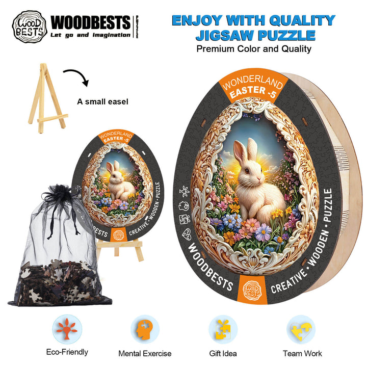 Wonderland Easter-5 wooden jigsaw puzzle with colorful design, eco-friendly materials, and a small easel for display.