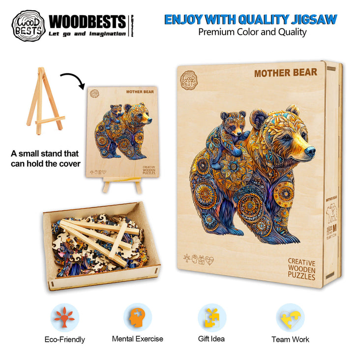 Mother Bear wooden jigsaw puzzle featuring a bear and cub, promoting mental exercise and teamwork, eco-friendly design.