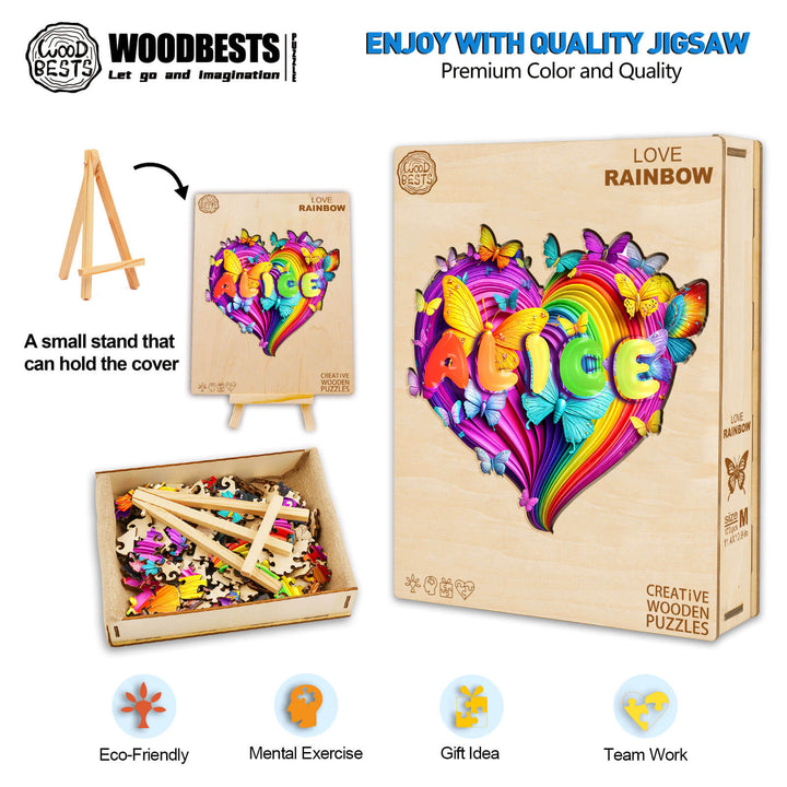 Love Rainbow Custom Name Wooden Jigsaw Puzzle box with vibrant heart design and eco-friendly materials for personalized play.