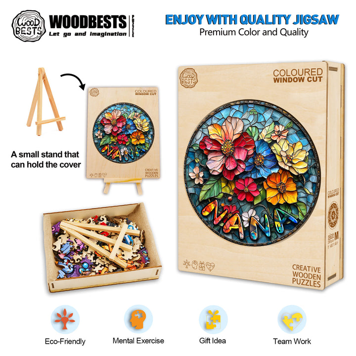 Coloured Window Cut Custom Name Wooden Jigsaw Puzzle with vibrant flowers and eco-friendly materials.