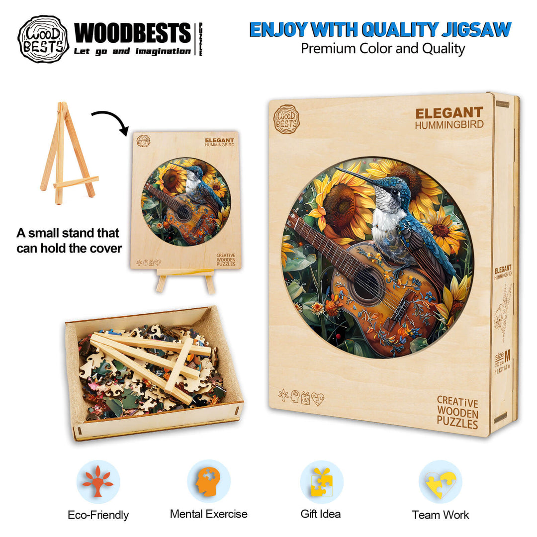Elegant Hummingbird wooden jigsaw puzzle with eco-friendly materials, promoting mental focus and teamwork during assembly.
