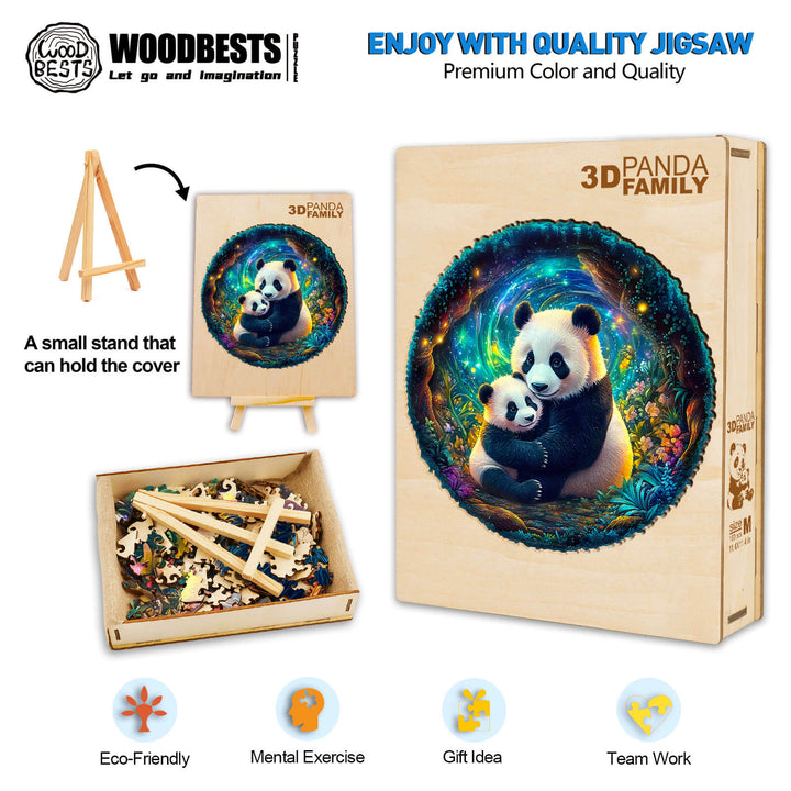 3D panda family wooden jigsaw puzzle with colorful design, eco-friendly, promotes mental exercise and teamwork.