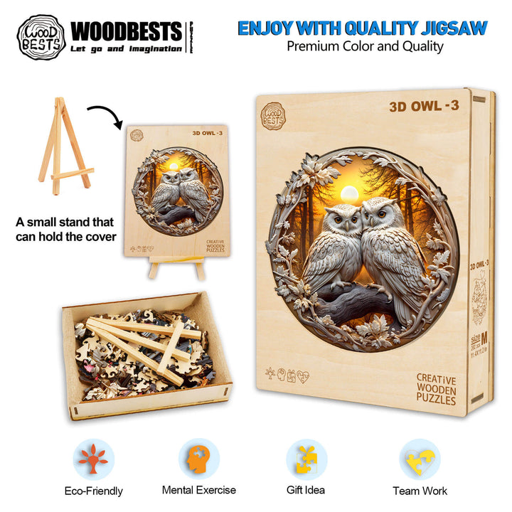 3D Owl-3 wooden jigsaw puzzle with eco-friendly design, promoting mental exercise and teamwork in a creative gift idea.