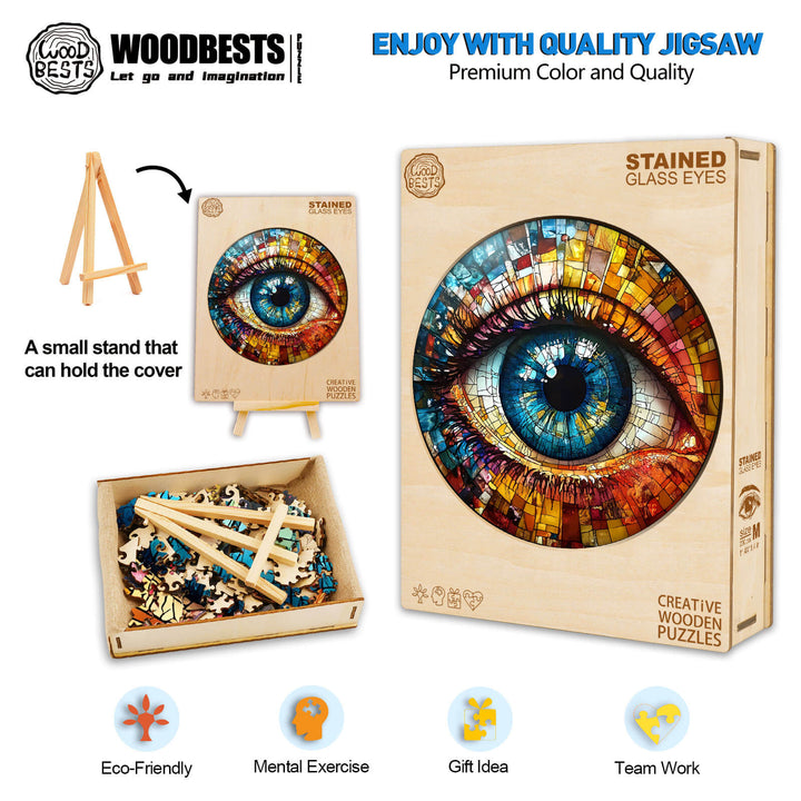 3D Stained Glass Eyes wooden jigsaw puzzle, featuring vibrant design, eco-friendly materials, perfect for mental exercise and teamwork.