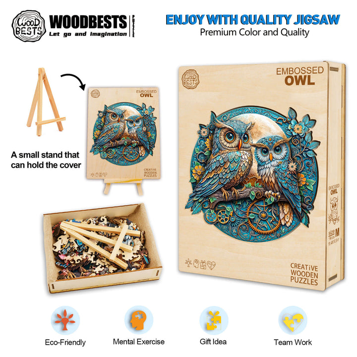 Embossed Owl wooden jigsaw puzzle with colorful design, eco-friendly, ideal for mental exercise and teamwork.