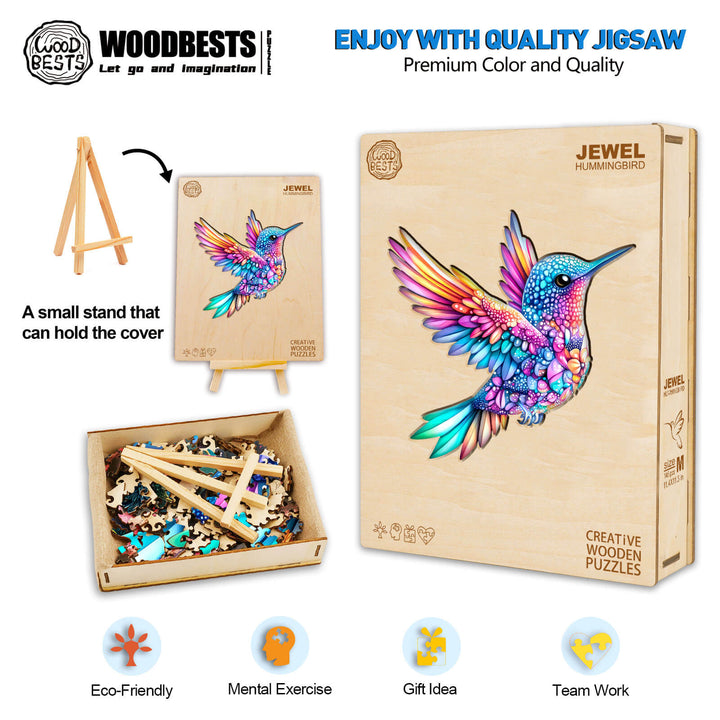 Jewel hummingbird wooden jigsaw puzzle with colorful pieces, ideal for mental exercise and teamwork activities.