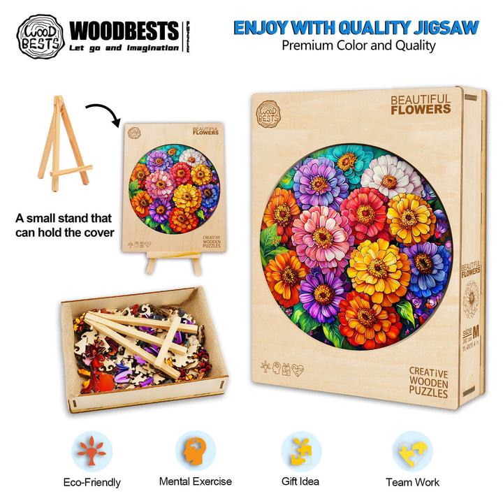 Beautiful Flowers wooden jigsaw puzzle with vibrant colors, eco-friendly materials, and a stand for display.