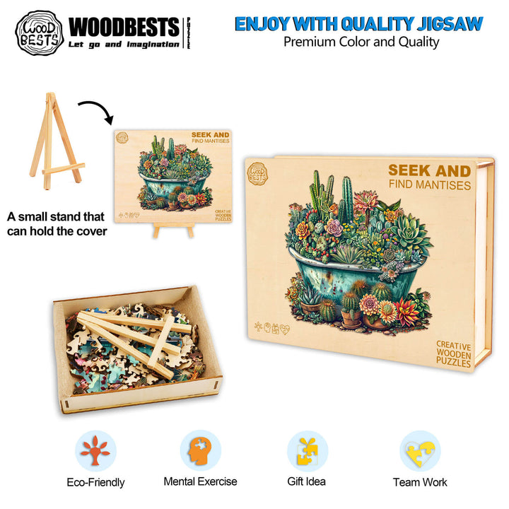 SEEK AND FIND MANTISES wooden jigsaw puzzle with eco-friendly pieces for mental exercise and teamwork.