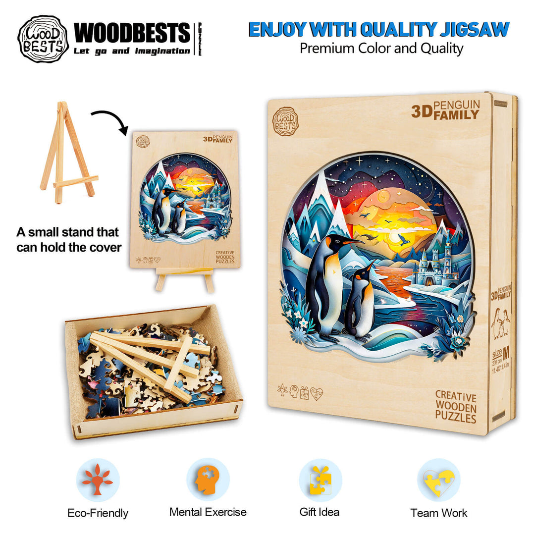 3D penguin family wooden jigsaw puzzle with colorful design, stand, and puzzle pieces for mind games and teamwork.