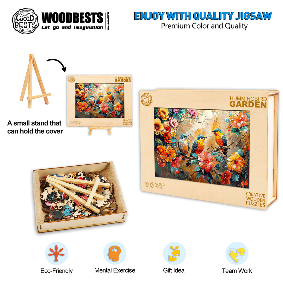 Hummingbird Garden wooden jigsaw puzzle box with eco-friendly materials, designed for mental exercise and teamwork.