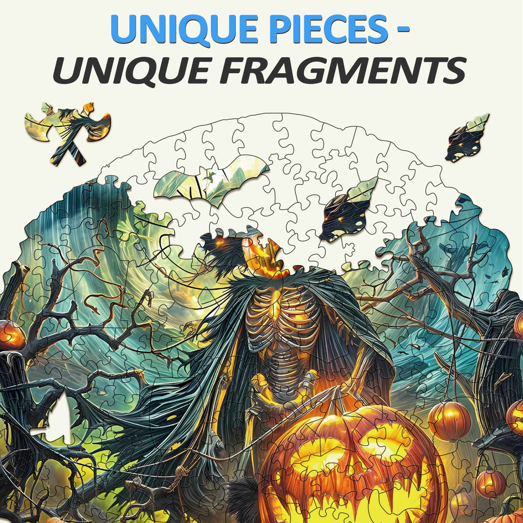 Halloween wooden jigsaw puzzle featuring unique pieces and a skeleton among pumpkins and bats.