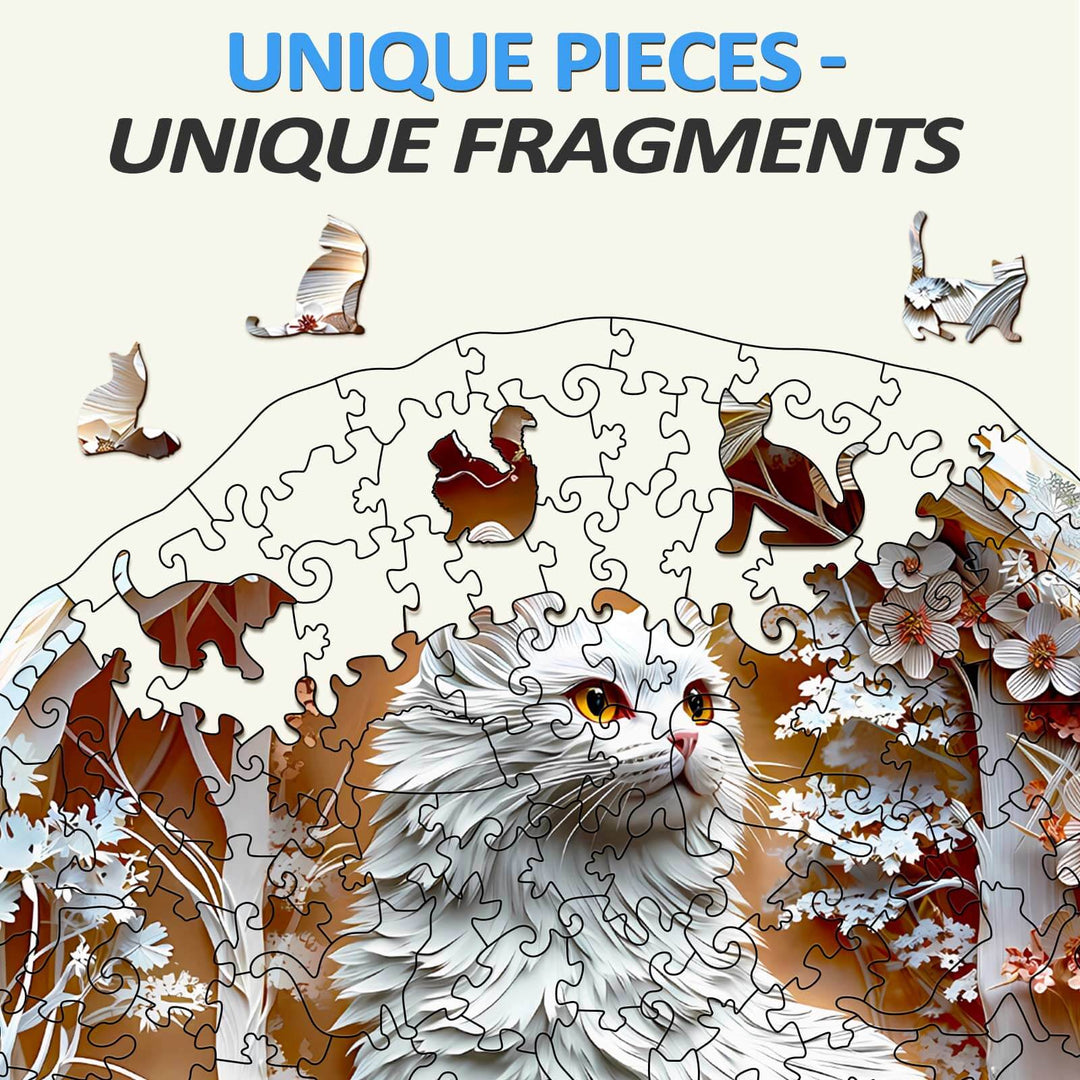Colorful 3D Cat-3 wooden jigsaw puzzle pieces featuring a cat among natural scenery.