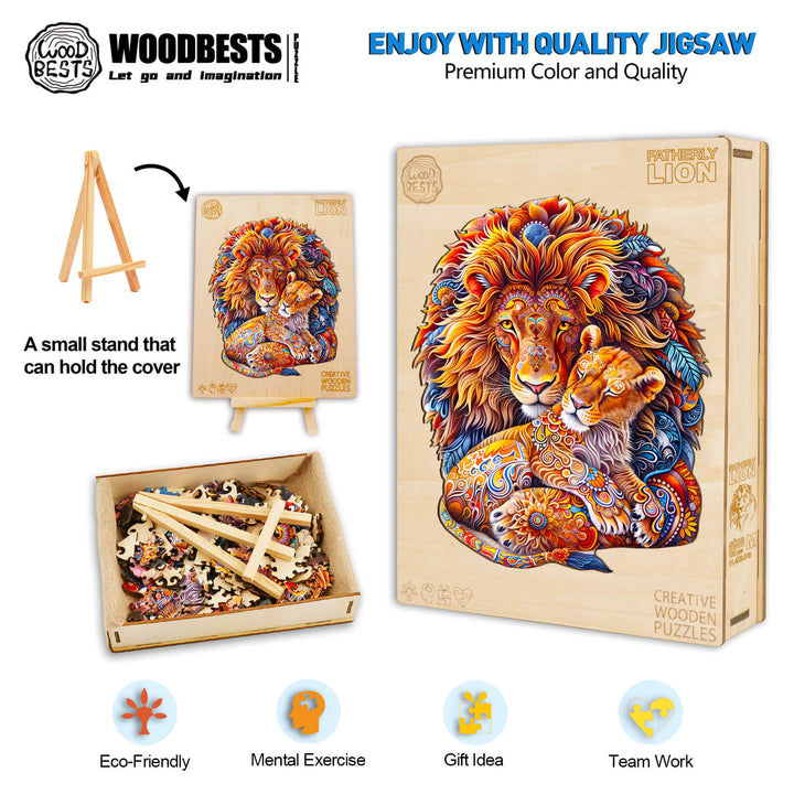 Fatherly Lion wooden jigsaw puzzle box and pieces showcasing vibrant colors, a perfect gift for mental exercise and teamwork.