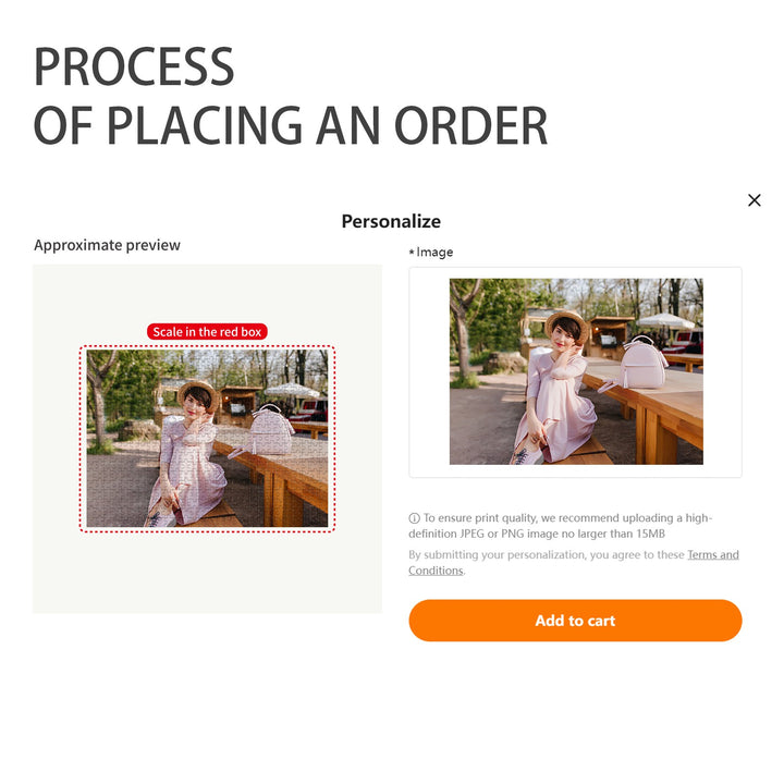 Illustration of the personalized photo puzzle ordering process with image upload option.