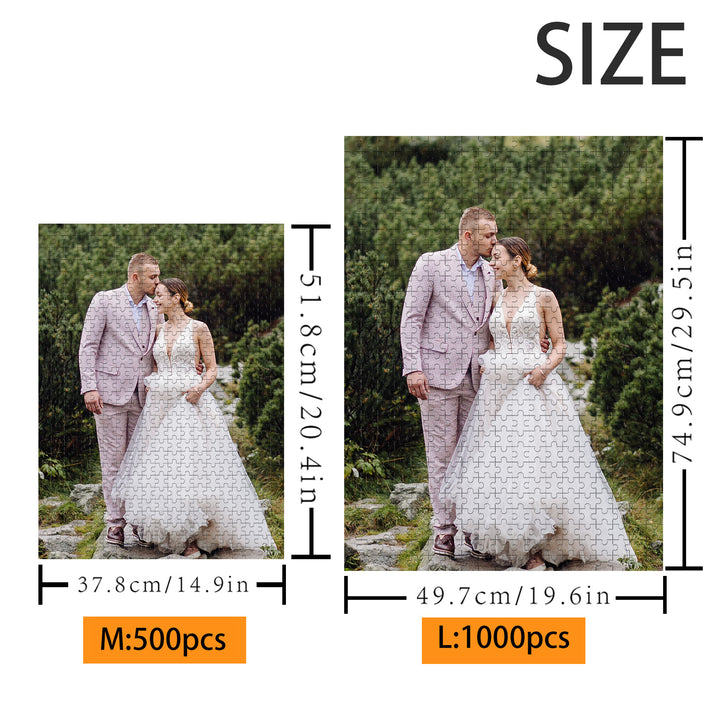 Size comparison of 500 and 1000-piece personalized wedding photo puzzles, featuring a couple in wedding attire.