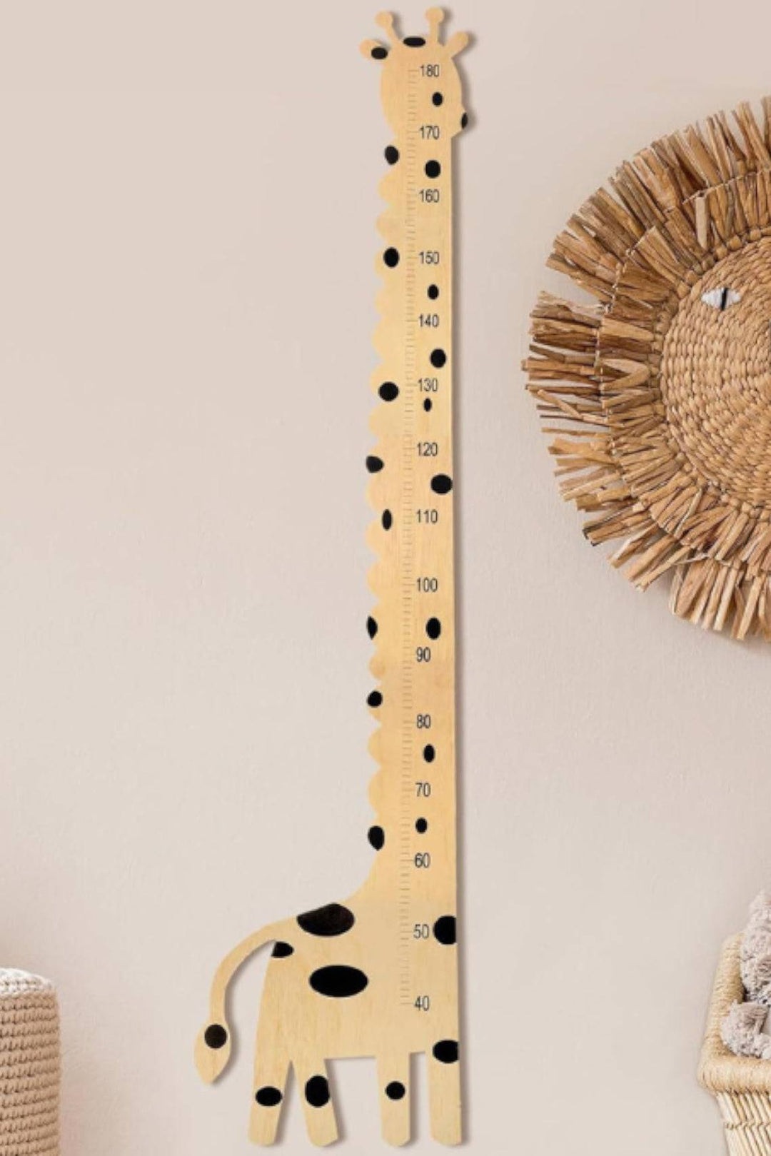 Wooden giraffe growth chart height ruler with markings up to 6 feet for kids' rooms and nursery decor.