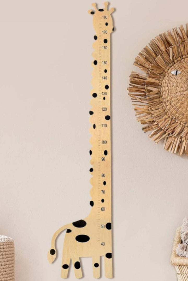 Wooden giraffe growth chart height ruler with markings up to 6 feet for kids' rooms and nursery decor.