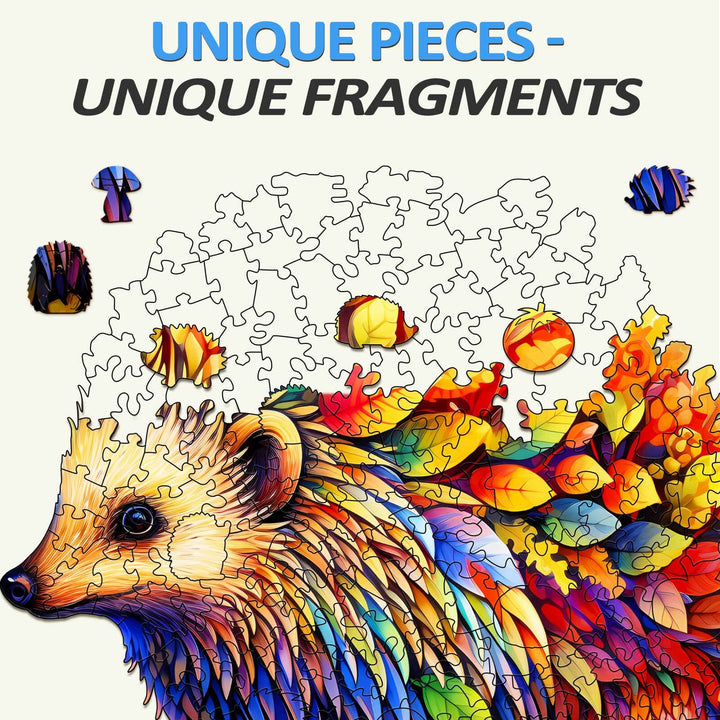 Colorful Clever Hedgehog wooden jigsaw puzzle pieces highlighting unique design elements and mind-challenging fun.