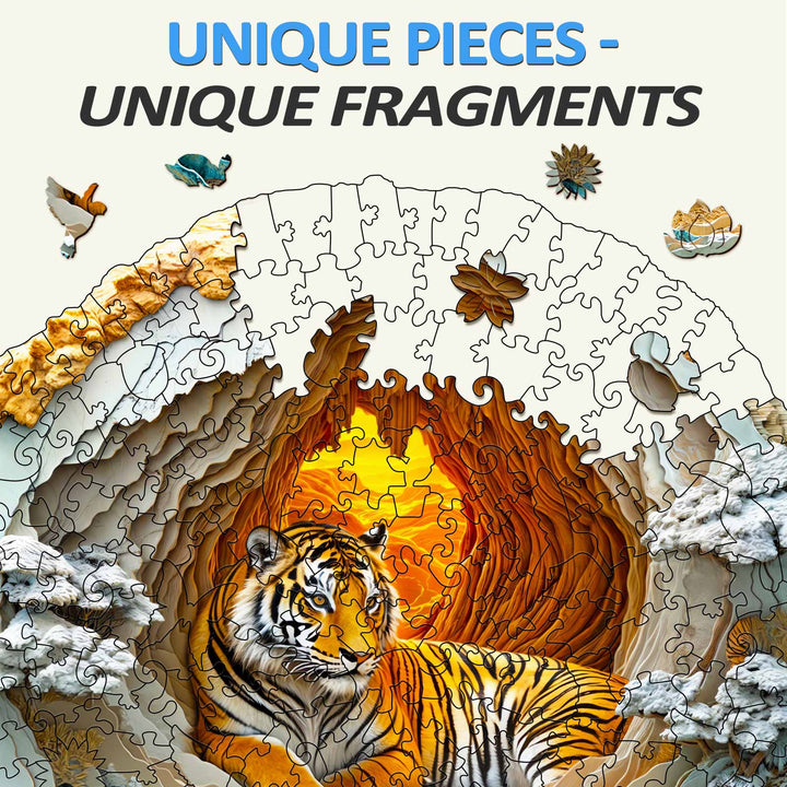 3D Tiger wooden jigsaw puzzle with unique pieces, featuring vibrant colors and intricate designs for mind games.