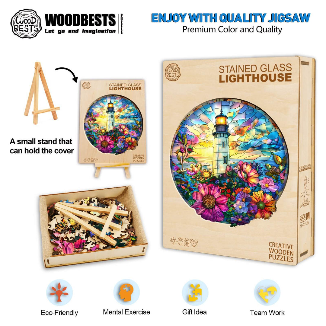 Stained Glass Lighthouse wooden jigsaw puzzle with bright colors, eco-friendly materials, and mental exercise benefits.