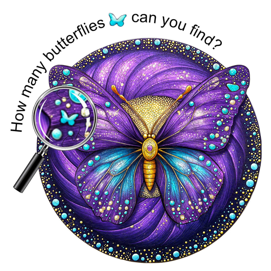 Colorful illustration of a butterfly with a magnifying glass, inviting viewers to find hidden butterflies in the design.
