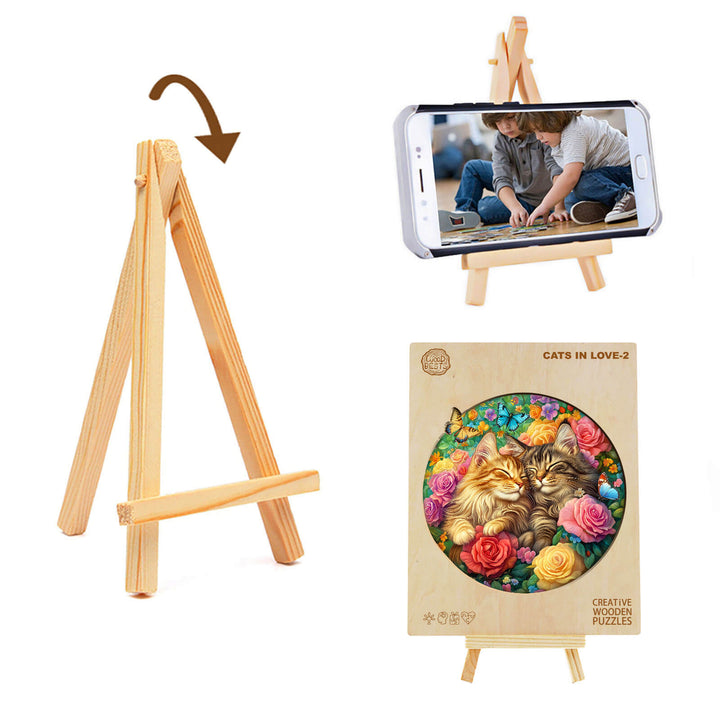 Cats in Love-2 wooden jigsaw puzzle with easel stand, showcasing a colorful cat illustration and smartphone holder.