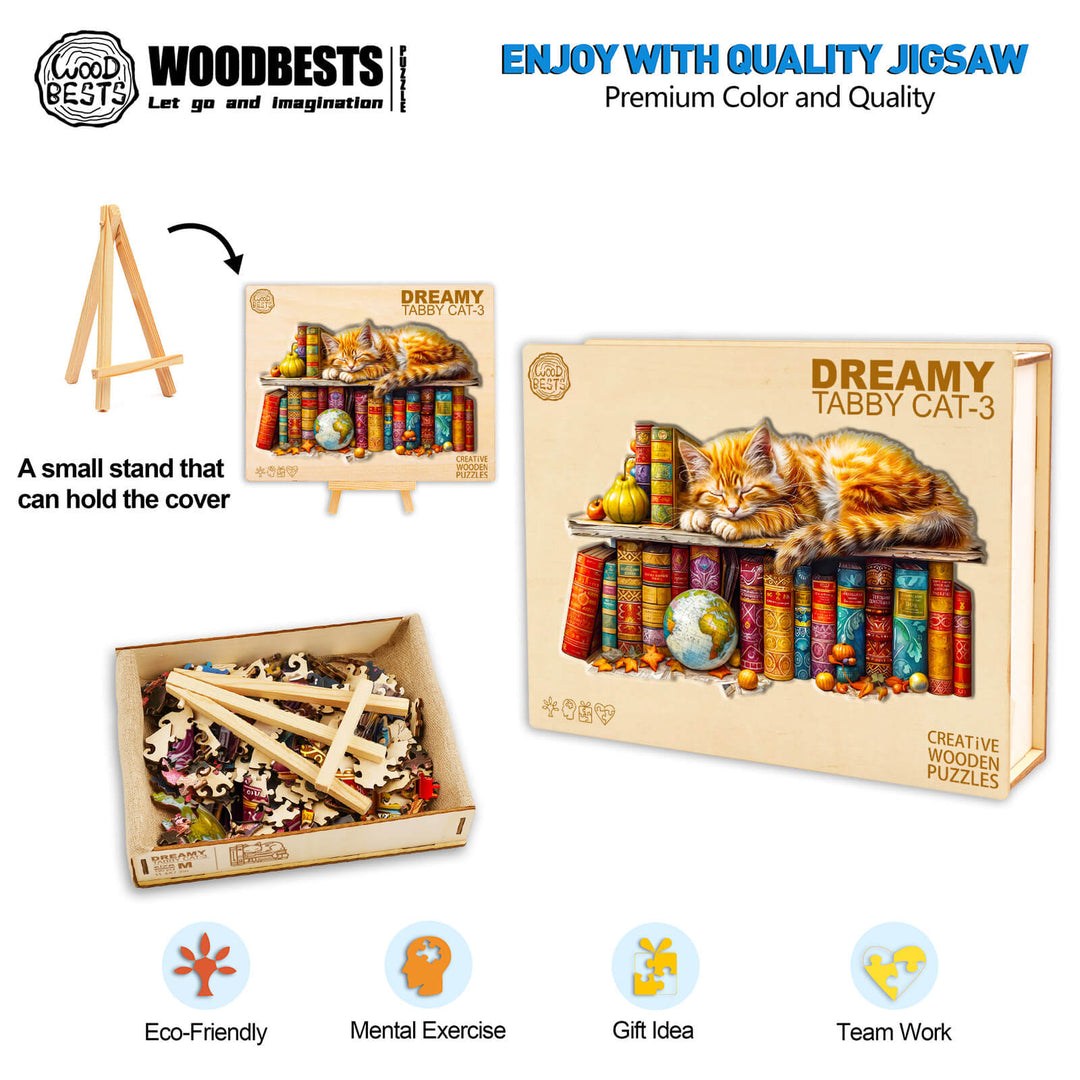 Dreamy Tabby Cat wooden jigsaw puzzle box and pieces, promoting eco-friendly mental exercise and teamwork.