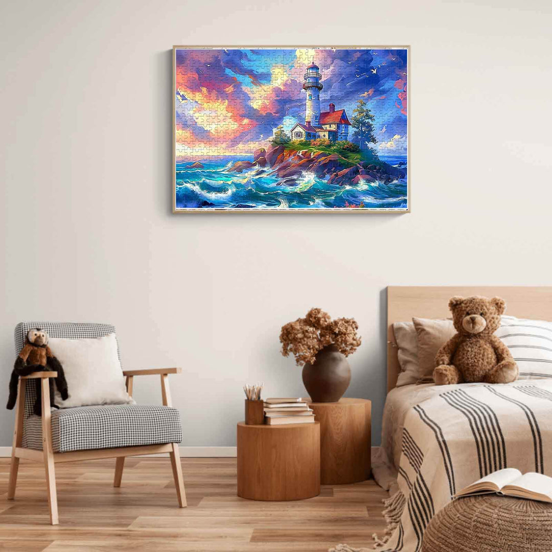 Lonely Island Lighthouse 500/1000 piece puzzle displayed in a cozy living room setting with colorful art.