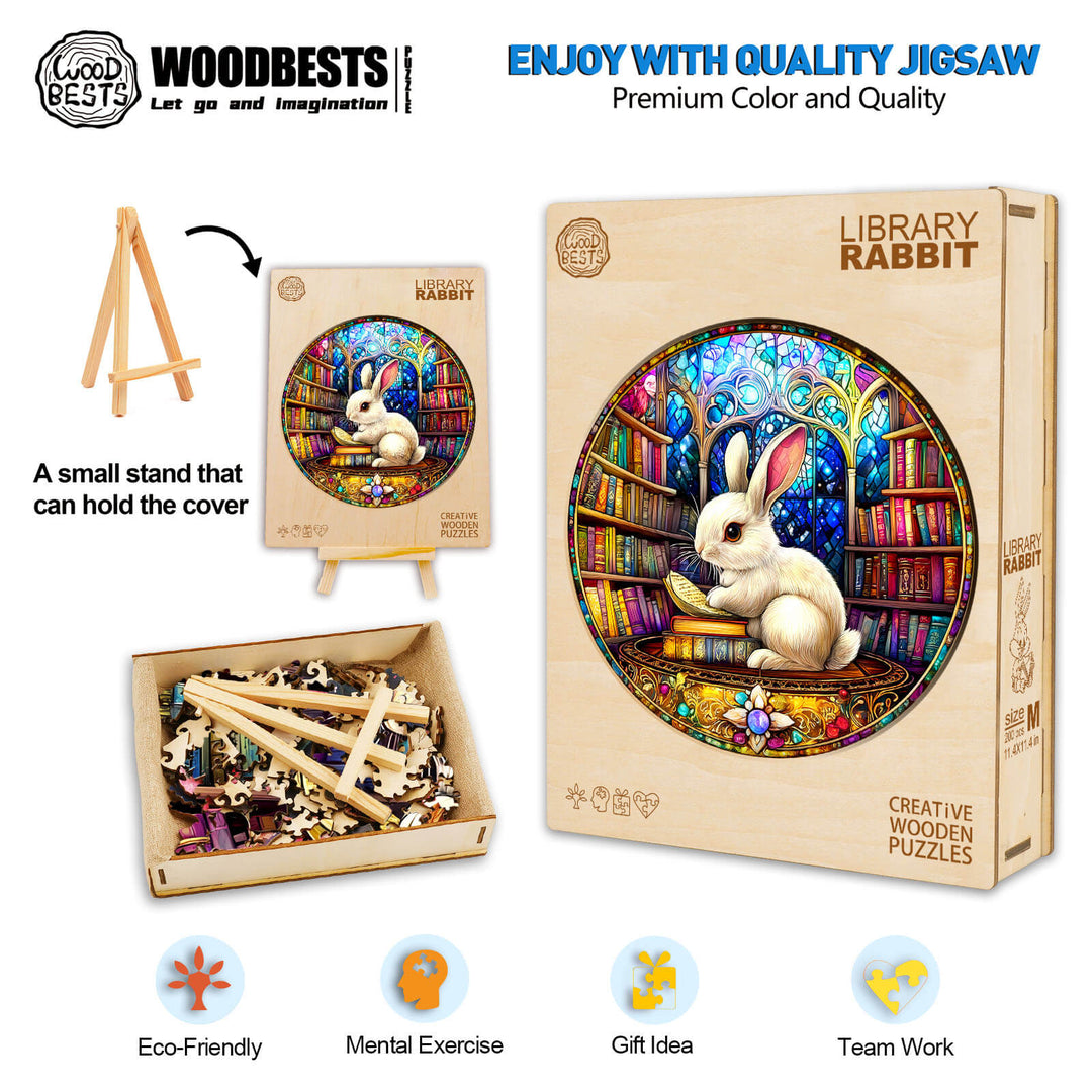 Library Rabbit wooden jigsaw puzzle, eco-friendly, great for mental exercise and gifting, with a vibrant cover and puzzle pieces.