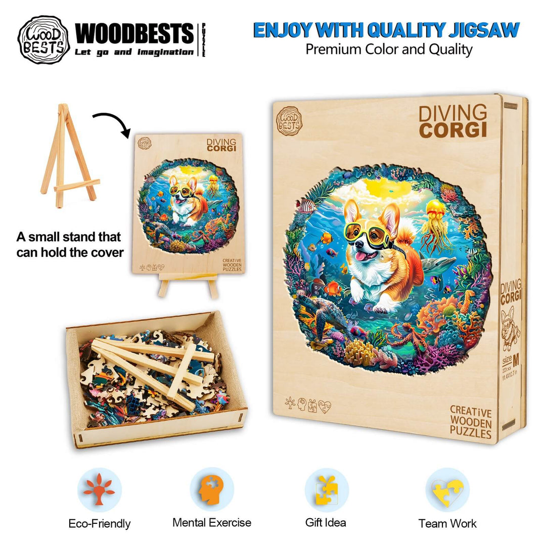 Diving Corgi wooden jigsaw puzzle, eco-friendly, creative design for mental exercise and teamwork.