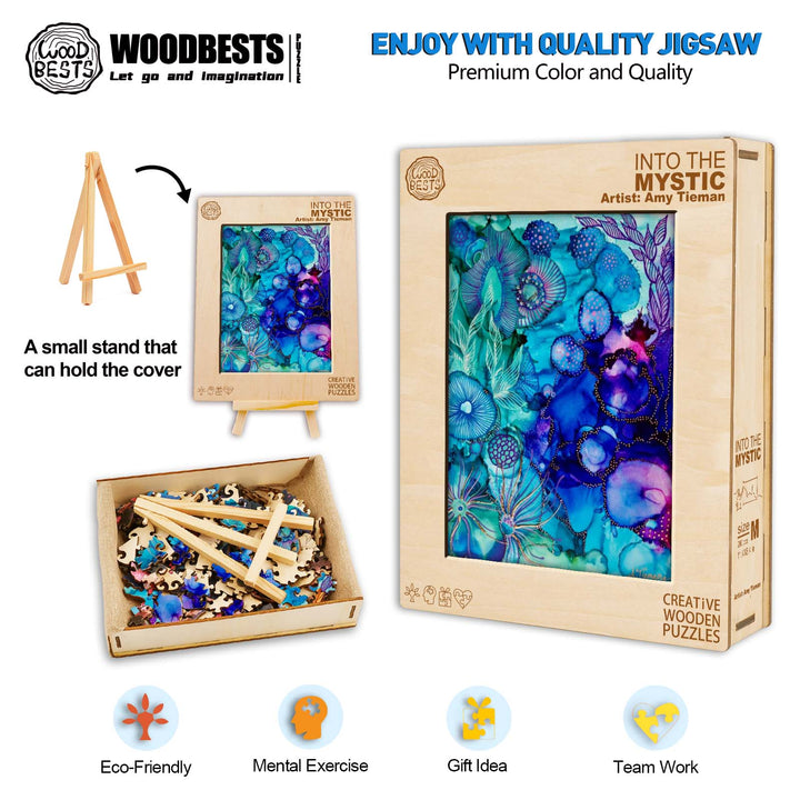 Into the Mystic jigsaw puzzle by artist Amy Tieman, featuring vibrant colors and eco-friendly materials.
