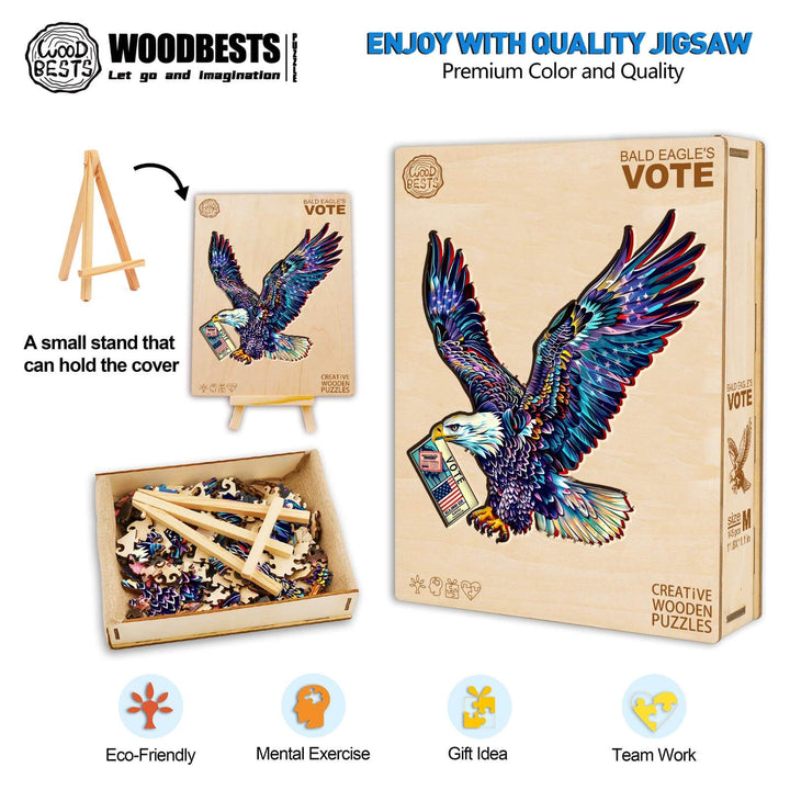 Bald Eagle's Vote jigsaw puzzle featuring vibrant colors, eco-friendly materials, and a small stand for display.