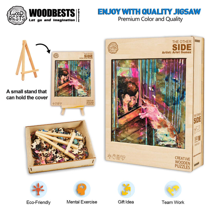 Artistic jigsaw puzzle titled 'The Other Side' by Arlet Gomez, showcasing vibrant colors and creative design for art lovers.