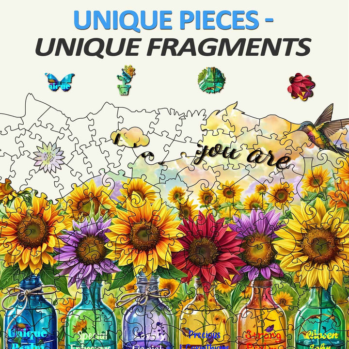 Colorful wooden jigsaw puzzle featuring sunflowers and inspirational phrase 'you are', promoting focus and mindfulness.