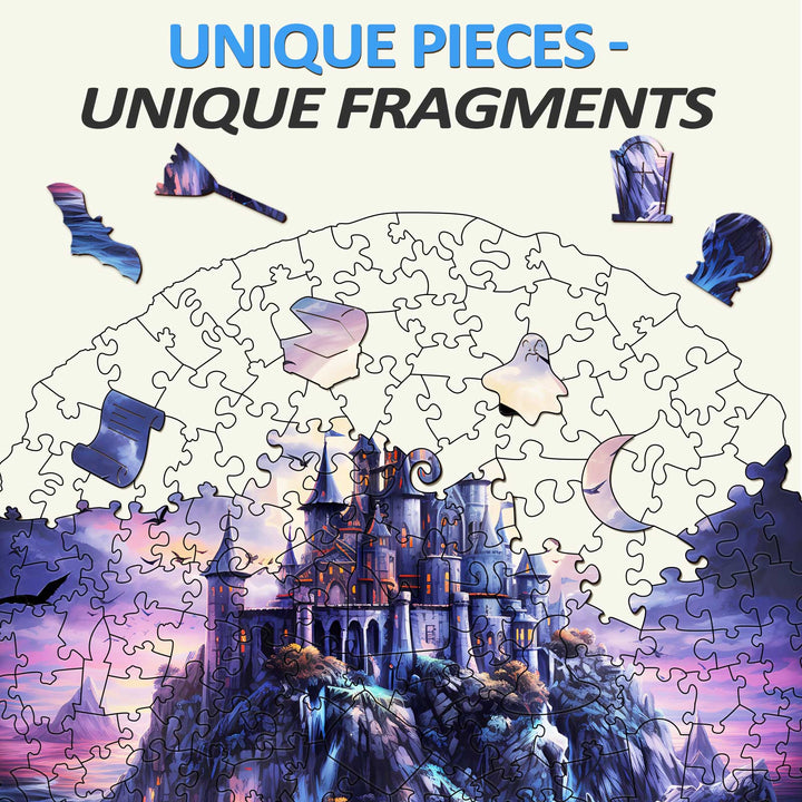 Mysterious Castle Wooden Jigsaw Puzzle with unique pieces and an enchanting castle landscape.