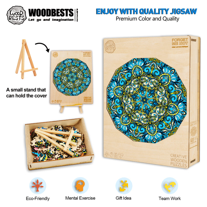 Forget Me Not jigsaw puzzle by Lori Anne McKague, featuring vibrant doodle art, eco-friendly packaging and a small display stand.