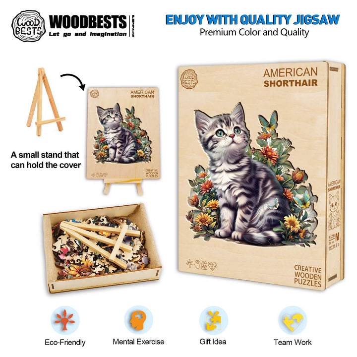American Shorthair wooden jigsaw puzzle featuring a colorful cat design, promoting mental exercise and eco-friendliness.