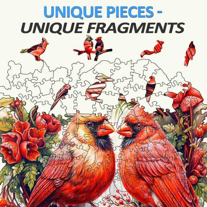 Cardinal wooden jigsaw puzzle featuring vibrant cardinals and flowers, perfect for enhancing focus and problem-solving skills.