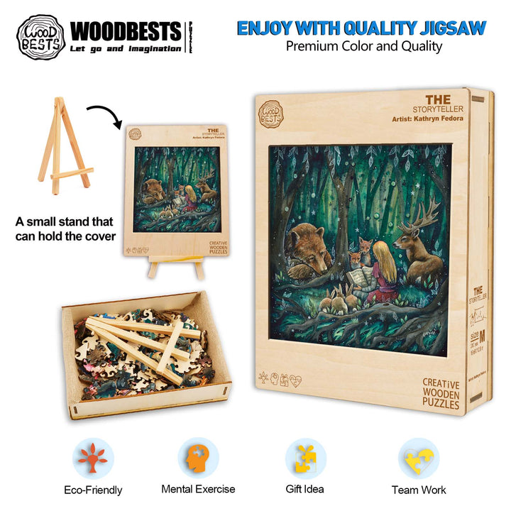 The Storyteller jigsaw puzzle by Kathryn Fedora, featuring vibrant woodland art, eco-friendly materials, and imaginative design.