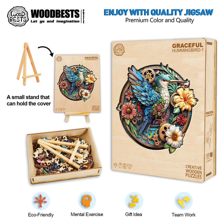 Graceful Hummingbird-1 wooden jigsaw puzzle with vibrant colors, eco-friendly materials, and illustrations promoting teamwork.