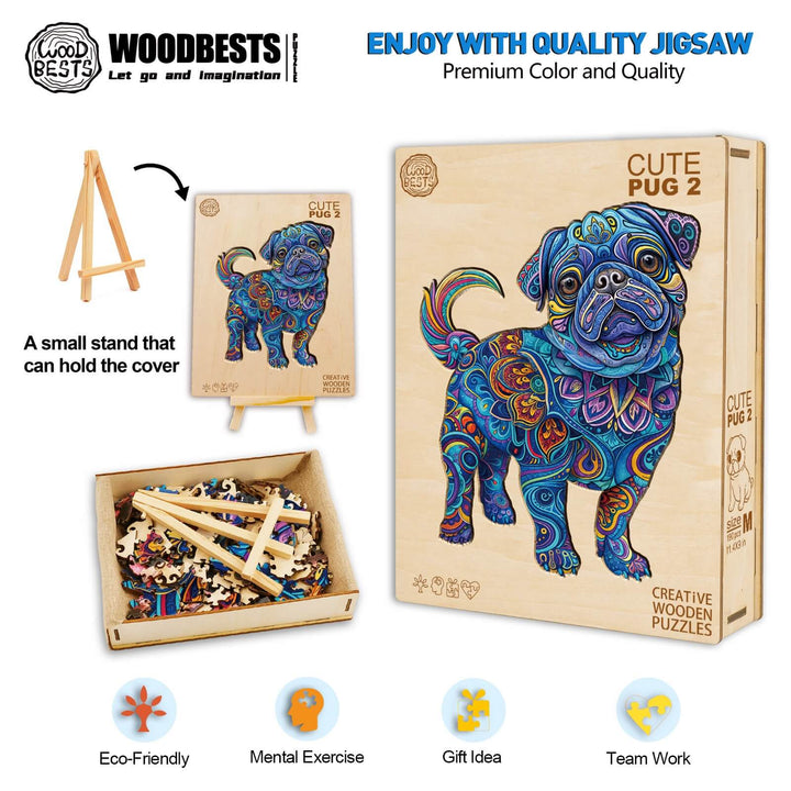 Colorful Cute Pug-2 wooden jigsaw puzzle, eco-friendly, promotes mental exercise and teamwork, ideal gift idea.