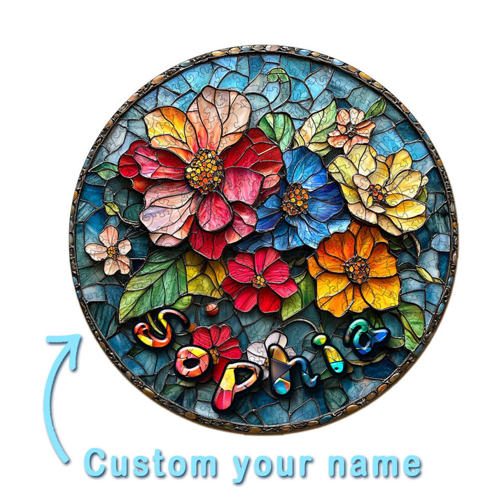 Custom name wooden jigsaw puzzle with colorful floral design, personalized for children, featuring vibrant colors.