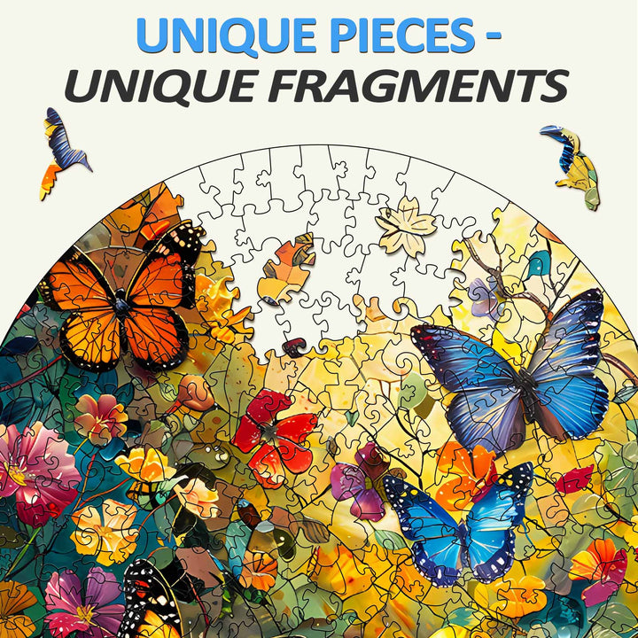 Colorful butterflies and flowers wooden jigsaw puzzle pieces, showcasing unique fragments for enhanced focus and fun.
