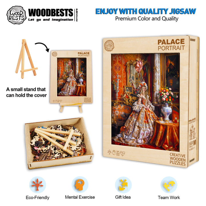 Palace Portrait custom wooden puzzle box with pieces, featuring fashion and art, promoting creativity and teamwork.